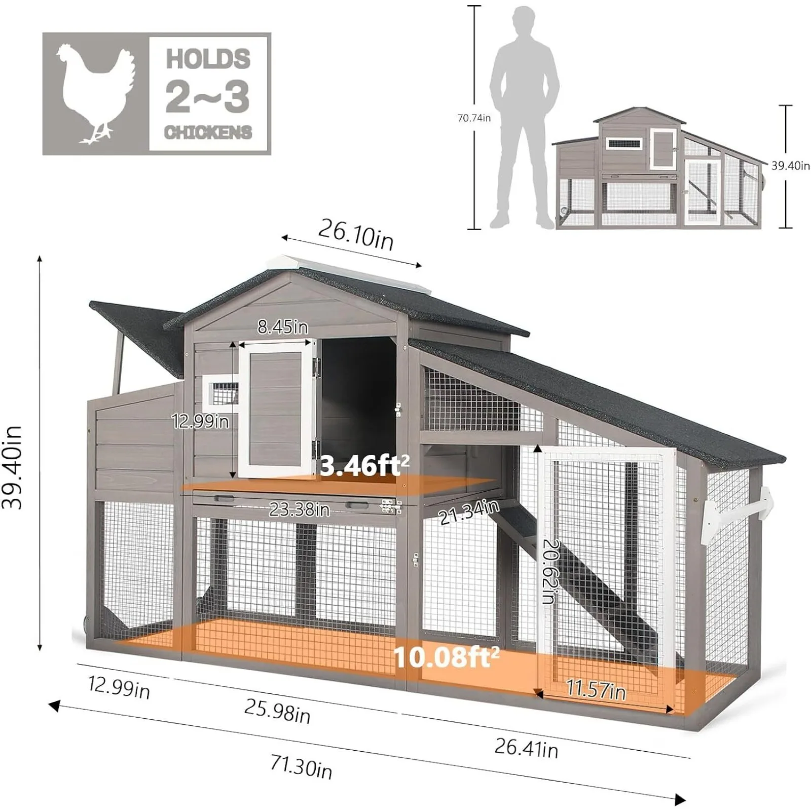 US Chicken Coop Wooden Backyard Hen House with pull-out tray, grey-