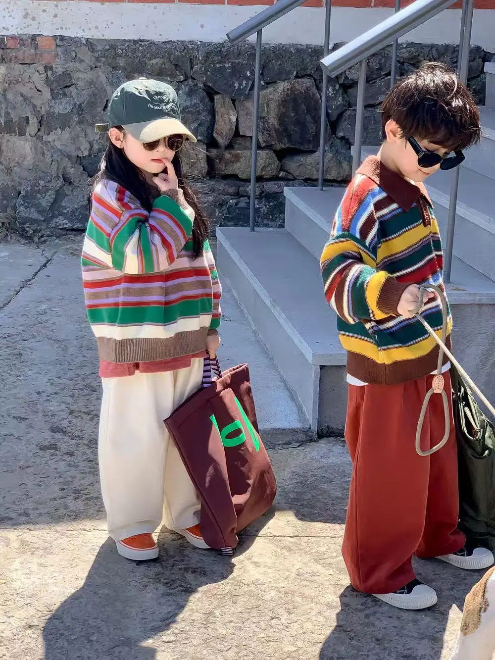 

Children's Sweater 2025 Spring Boys Girls Korean Lapel Striped Knitted Top Children's Foreign Style Knitted Rainbow Coat 90-150c