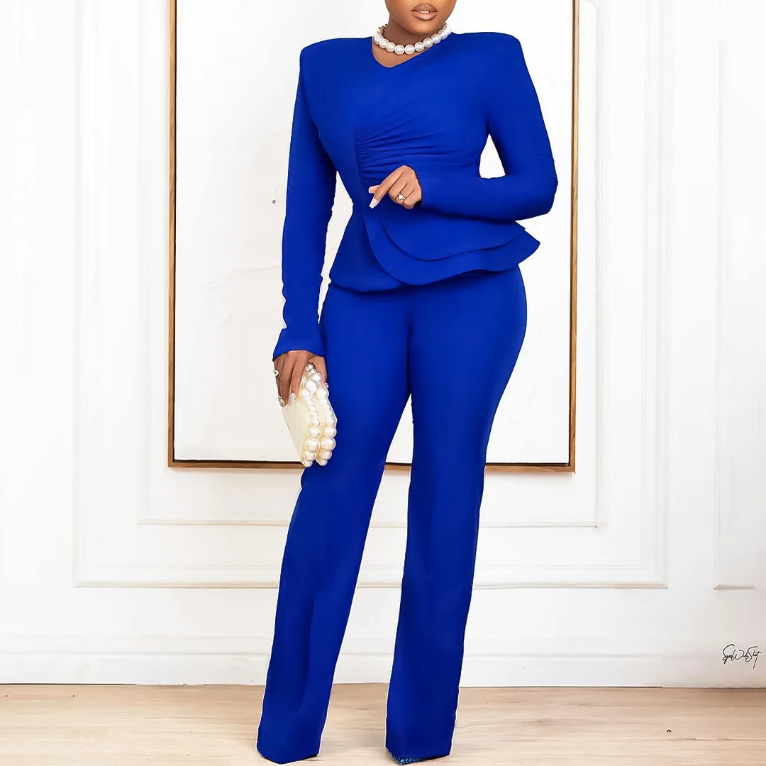 

suit autumn and winter new fashion ruffle edge V-neck top pants European and American two-piece set slim-fitting simple temperam