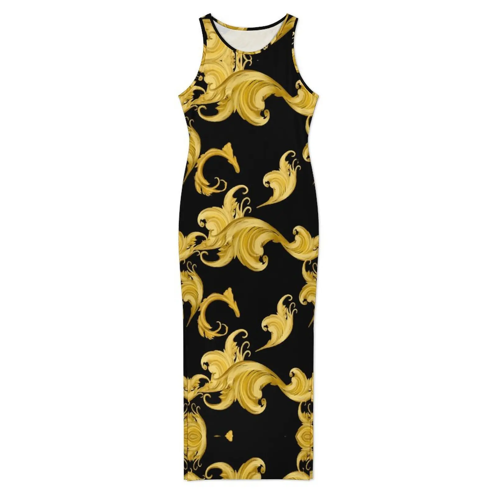 Baroque Leaf Dress Sleeveless Gold Floral Club Sexy Maxi Dresses Spring Casual Y2k Custom DIY Bodycon Dress Big Size