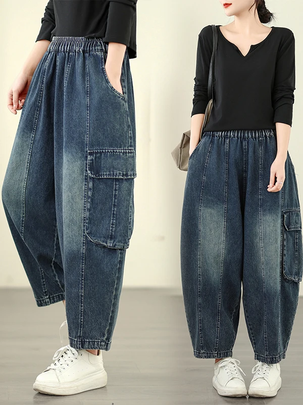 

plus Size Women's Casual Cotton Denim Pants Spring Autumn High Waist Wide Leg Harlan Bootcut Jeans ket Detail All Match