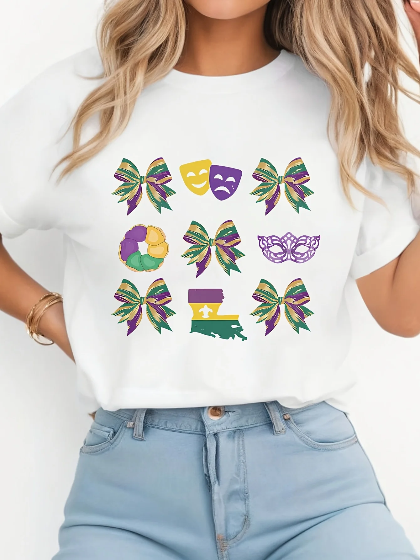 Mardi Gras Celebration Women's T-Shirt - Casual Short Sleeve with Bow & Mask Print Crew Breathable Polyester Butterfly