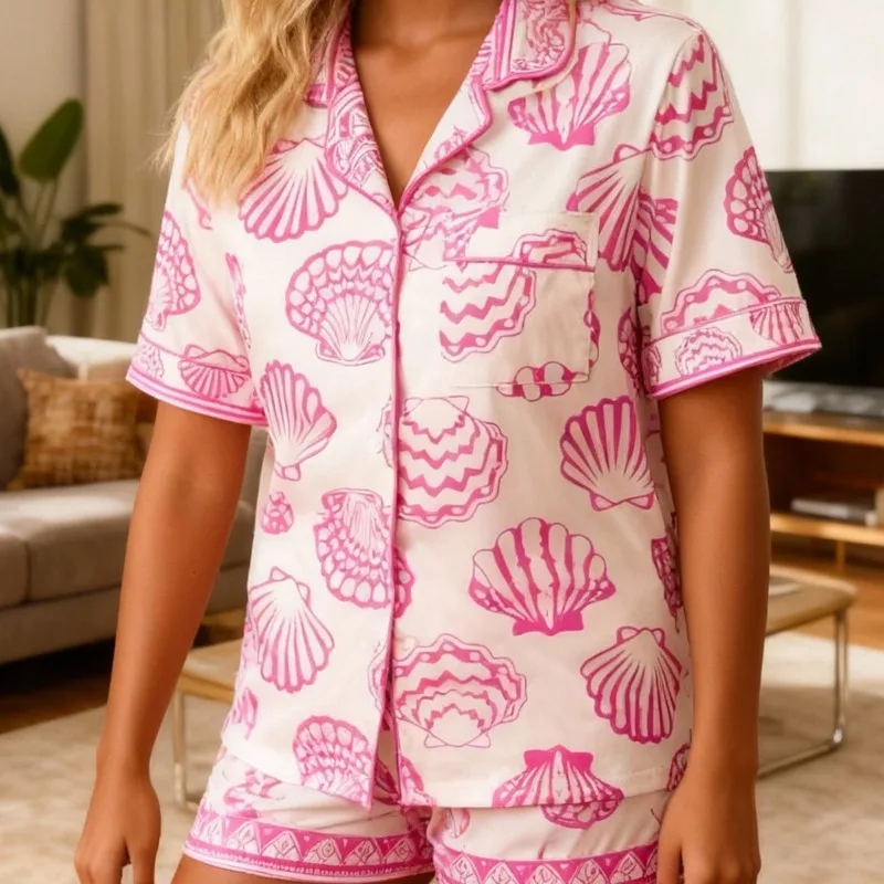 

Summer Fashion Best Selling Women's Milk Silk Shell Collar Short Sleeve 2 Piece Pajama Set Cross Border European American Style