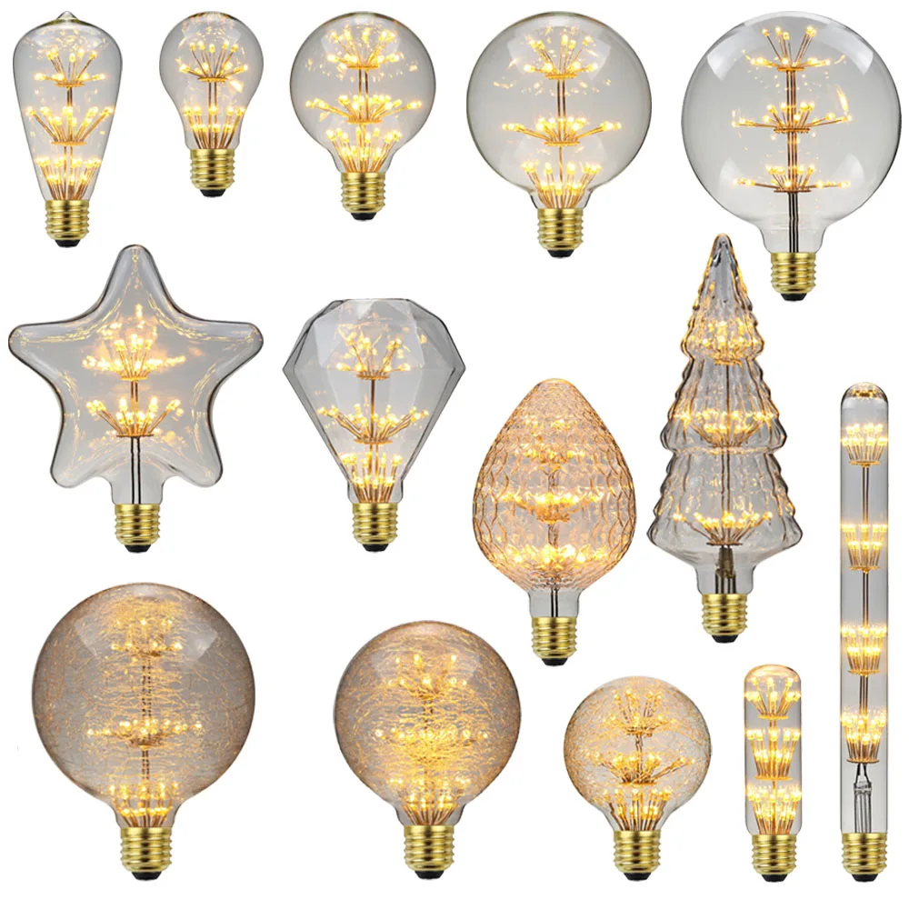 Lâmpada LED Vintage Tianfan, fogo de artifício estrelado, lâmpada Edison, vidro transparente, brilho caloroso, luz decorativa, 3W, AC 85-265V, E27