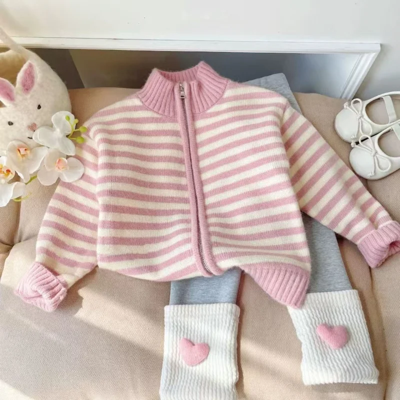 

Autumn Children's Sets 2-piece Knitted Jack Long-sleeved Jacket + Trousers Casual Simple Outerwear Striped Street Style