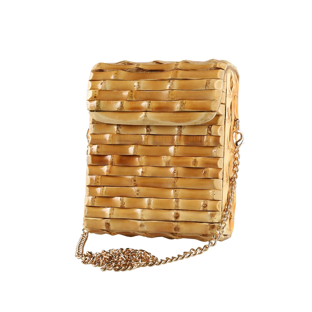 Handmade Unique Natural Bamboo Root Wallet Small Rectangle Purse Handbag Chain Mobile Cellphone Phone Bag Crossbody Shoulder Bag