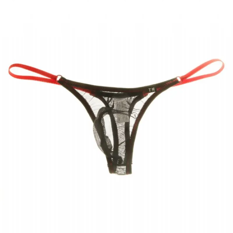 Men's Mesh Thong, Low-rise Sheer T-back Underwear, Shiny Elastic Color Block
