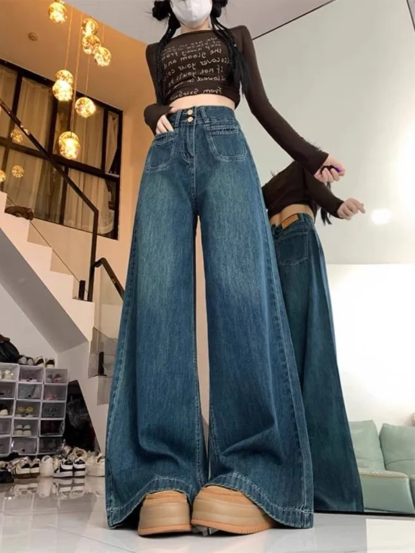 

High Waist Wide Leg Denim Jeans Women plus Size Spring Deep Blue Loose Fit Casual Straight Leg Trousers for Plump Ladies