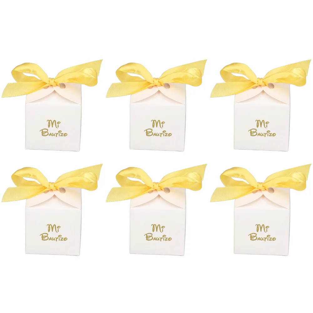 Cajas de regalo para fiestas de papel, 50 unidades, con cinta dorada, 2.6 x 2.6 x 2.6 pulgadas, cajas de regalo para bodas, diseño español, cajas blancas para dulces