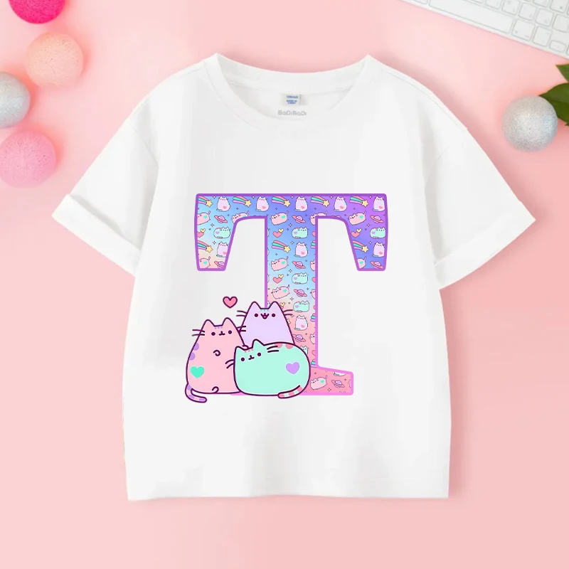 Pusheens Letter A-Z T-shirt Girls Anime Cat Tees Kids Summer Clothes Outdoor Sport Tops New Short Sleeve Children Gift Hot Sales