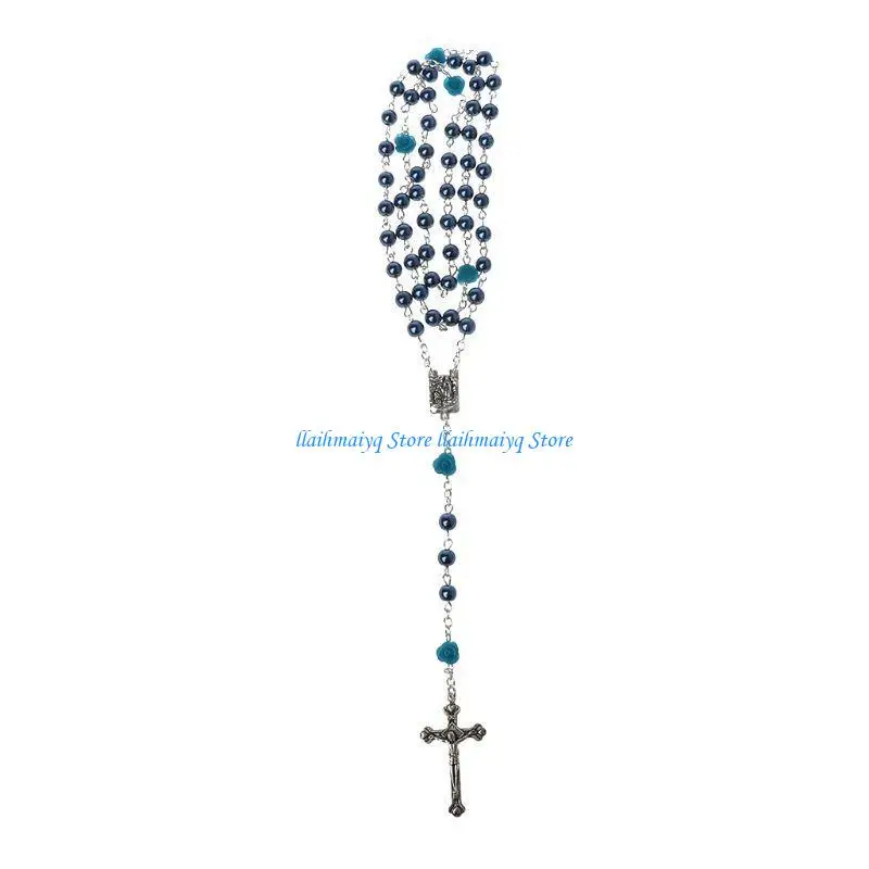 

573B Fashion Rosary Beads Rose Flower Pearl for Cross Pendant Necklace for Church Pra