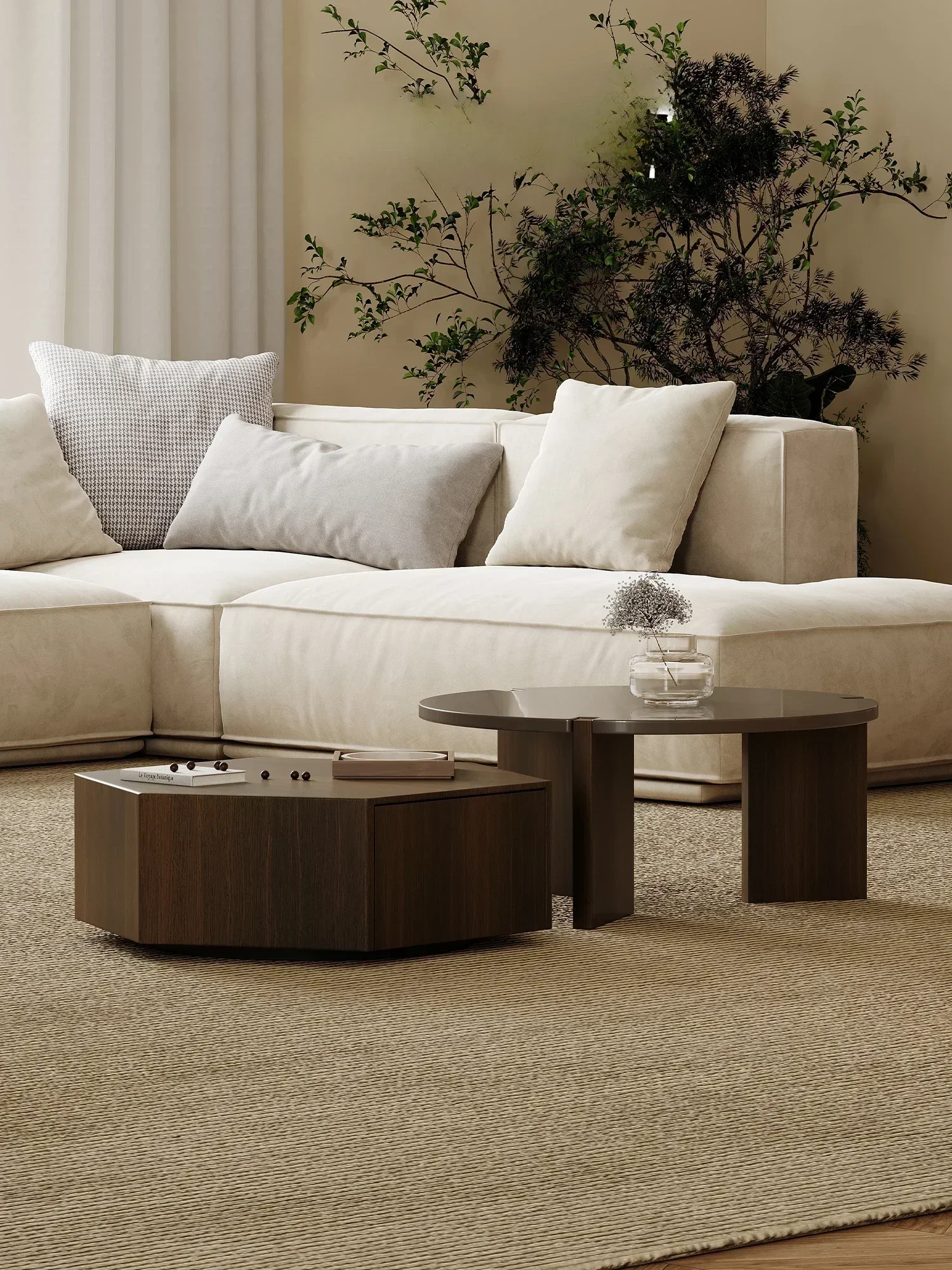 Smoked Veneer round Tea Table Combination Small Apartment Italian Coffee Table Silent Style