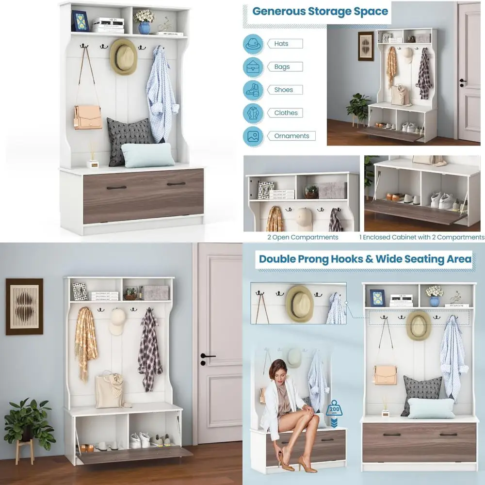 Multifunctional Entryway Coat Rack with Storage Bench and 5 Hooks, Freestanding Wooden Hall Tree for Home