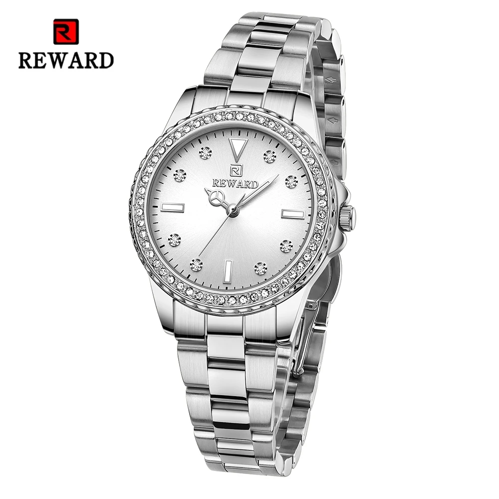 New Design REWARD Fashion Women Watches Luxury Steel Female Wristwatch Waterproof Luminous Silver Quartz Watch Japanese Movement