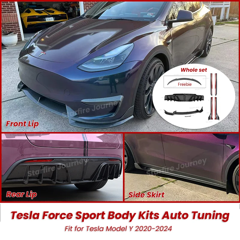 

Force Body Kits For Tesla Model Y 2018-2024 Glossy Black & Carbon Front Bumper Lip Rear Lip Spoiler Side Skirt Auto Accessories