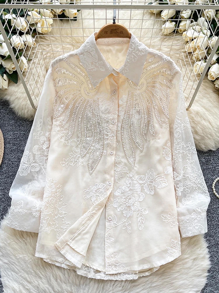 الخريف الشتاء المرأة الفرنسية المطرزة حبة الترتر المطرزة قميص طويل الأكمام جديد فضفاض تنوعا شيك بلوزة W71
