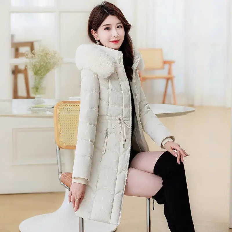 Cotton Jacket Women's Medium Long 2024 New Fashion Slim Versatile Thickened Big Wool Fur Collar Winter Coat Elegant Parkas a568