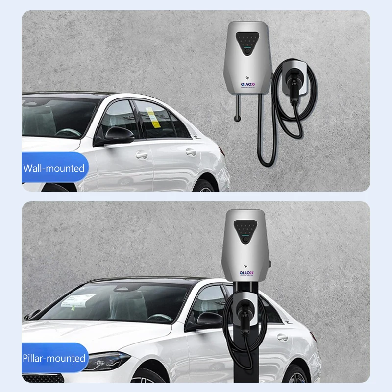 QIAO EV Charger Station J1772 32A 7KW 22KW EV Fast Charge Station Type 1 2 Cable 5M LCD APP Control RFID Card Fingerprint Unlock