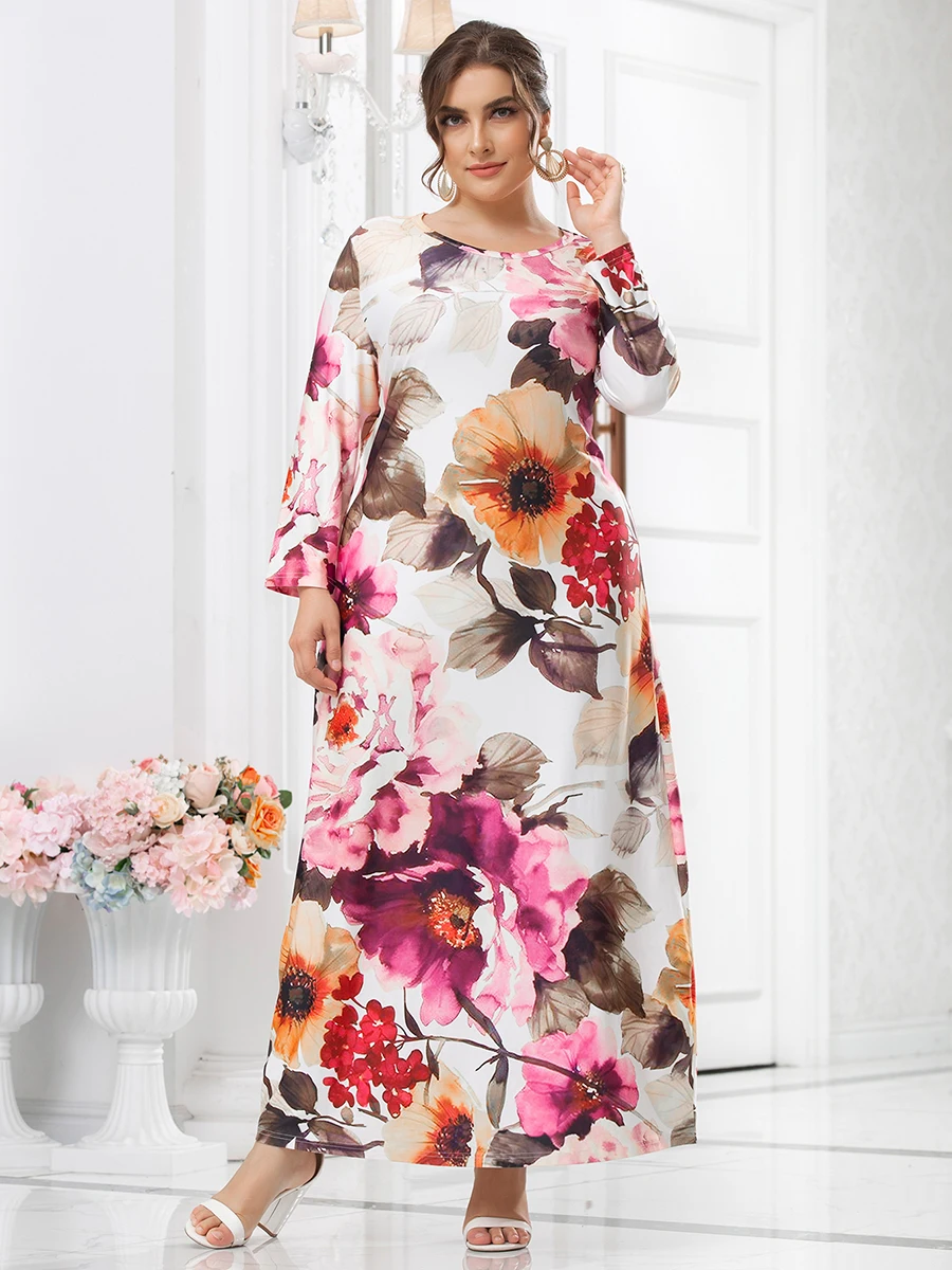 5XL Plus Size White Dress Woman Spring Autumn Long Sleeve Floral Print Casual Dress Curvy Size Maxi Long Dresses