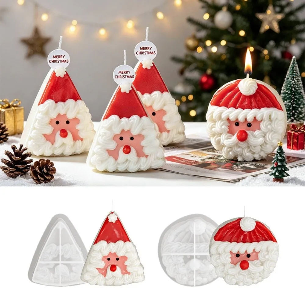 Round/Triangular Shape Christmas Candle Mold Non-Stick Whipped-Cream Texture Plaster Mold Reusable Easy Release Santa Claus Mold