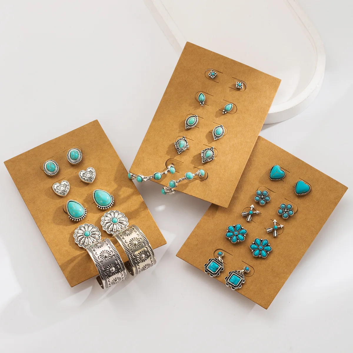 Boho Vintage Turquoise Stud Earrings Set Tribal Carved Geometric Flower Drop Hoop Jewelry Pack for Women Daily Vacation Accessor
