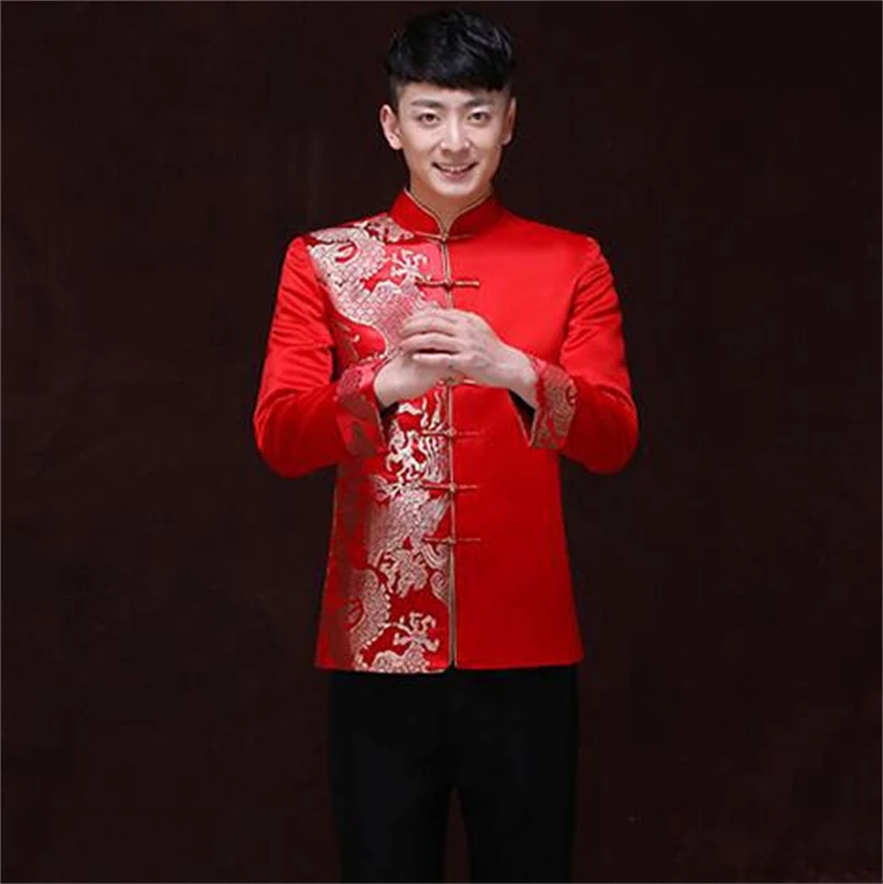 Tang Suit Red Traditional Chinese Clothing Men Hanfu Embroidery Top Dragon Print Vintage Satin Kungfu New Year Party Etiquette