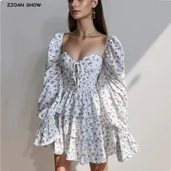 2024 Women Sexy Pad Chest Cross Bandage Flower Print Puff Long Sleeve Dress 3 layer Wood Ears Ruffles Hem Cake Mini Holiday Robe
