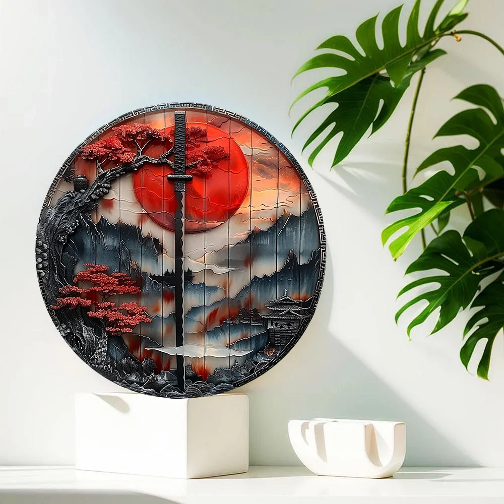 Japanische Samurai-Wandkunst aus Aluminium, kreisförmige Metall-Logo-Dekoration im Retro-Stil, geeignet für Männerlöcher, Cafés, Häuser, wetterfest