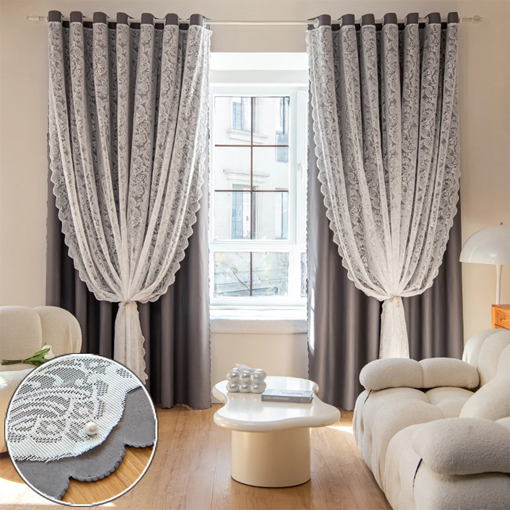 1pc Double Layer Gray Blackout Window Curtain With Tulle Overlay, For Living Room Bedroom Kitchen Office Study Decor