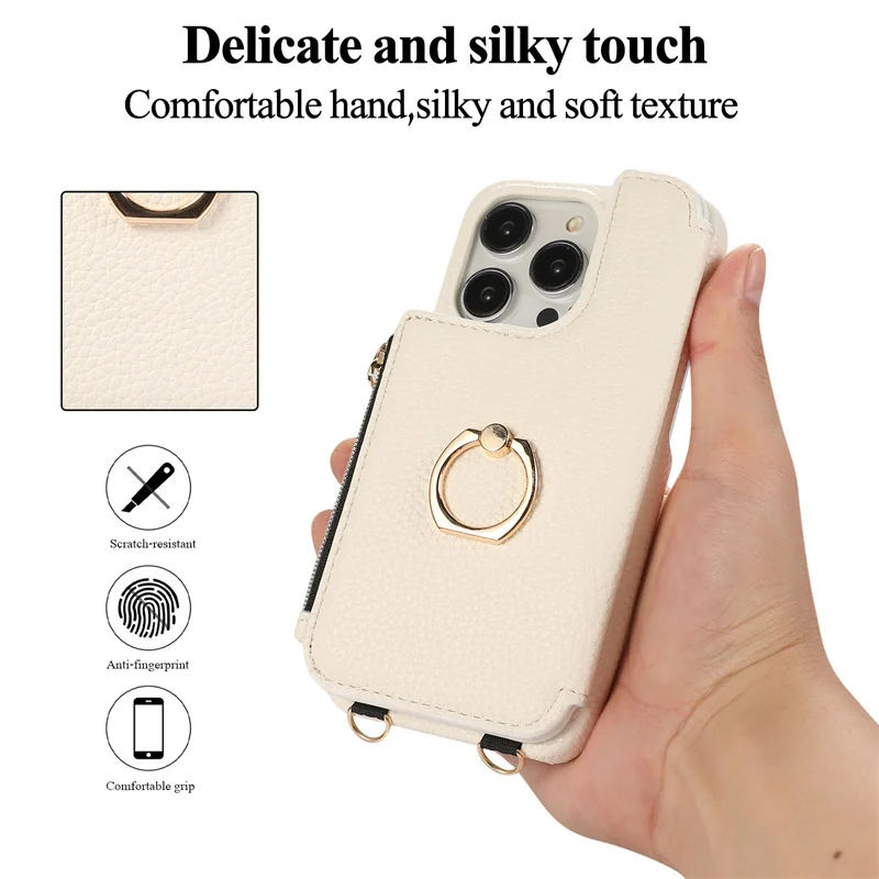 

Luxury Zipper Ring Phone Case For iPhone 15 14 Plus 13 12 11 Pro Max Crossbody Bag With Card Insertion And Shockproof Back Cover