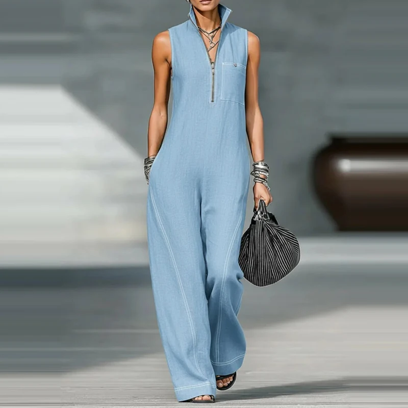 

Casual Women's Simple Playsuits Fashion Color Blocked Flip Collar Denim Jumpsuits Summer Sleeveless High Waist Wide Leg Rompers