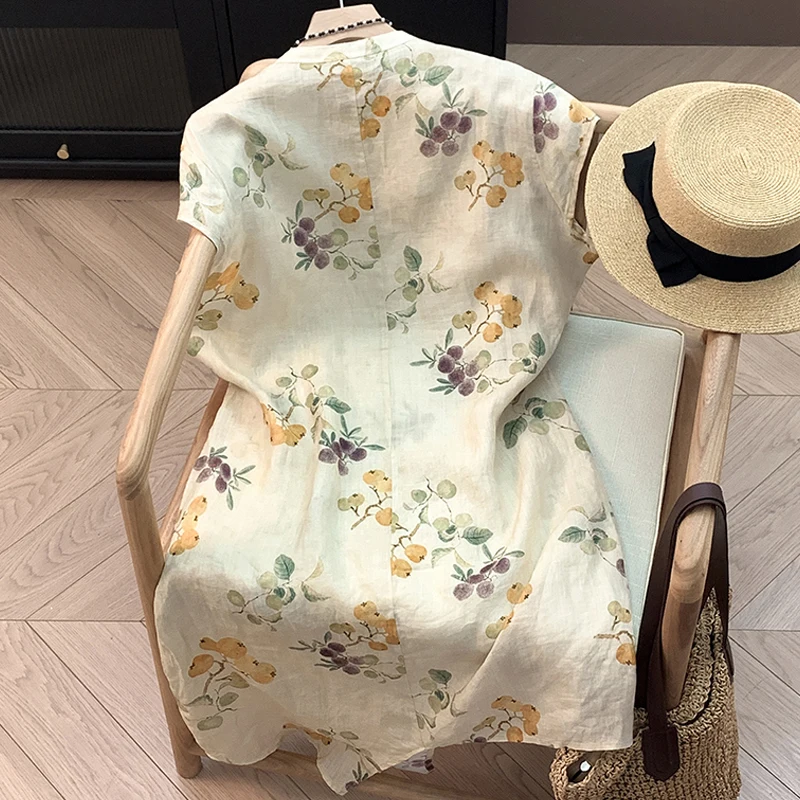 Novo sle chinês ort sve irt camiseta feminina de comprimento médio com estampa de flor de ameixa verão frente aberta bule top algodão linho...