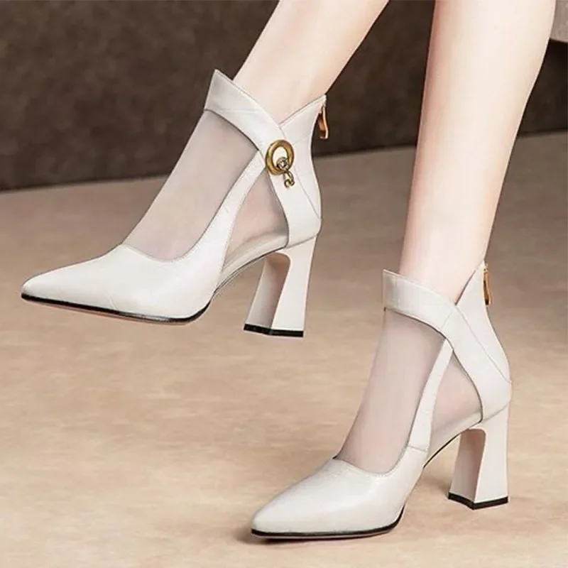 2022 Summer Women Ankle Boots Hollow Mesh Breathable Chunky High Heels Soild Casual Female Shoes PU All-matching Botas De Mujer