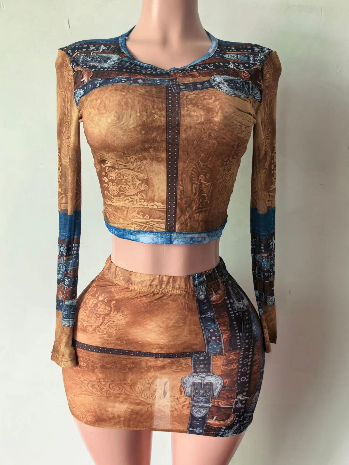 STYLISH LADY Vintage Western Belt Print Mesh Long Sleeve Crop Top Mini Skirt Two Piece Set Women Sexy Bodycon Club Outfits