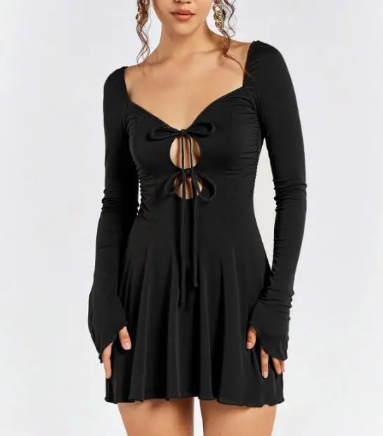 

Summer New Sexy and Fashionable Deep V-Neck Hollow Lace Up Design High Waist A-Line Ultra Short Mini Long Sleeved Women's Dress