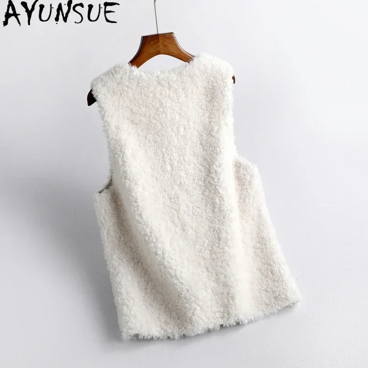 AYUNSUE 100% Wool Vest for Women Autumn Winter Casual Sheep Shearing Coat Sleeveless Wool Coats and Jackets Jaqueta Feminina