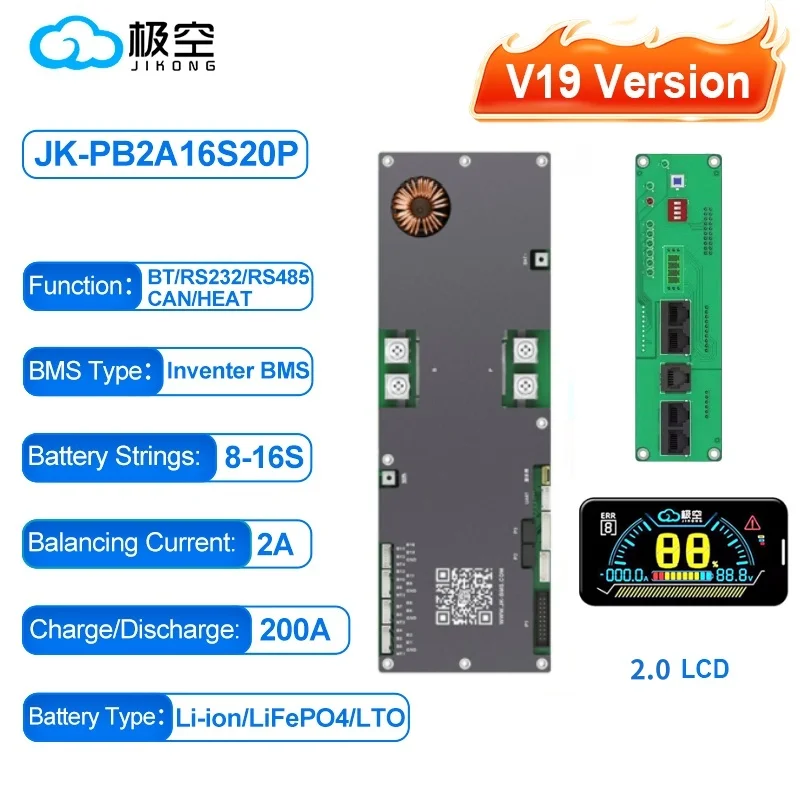 JK BMS V19 Bms 16s 51.2v Lifepo4 100A 200A 300A JK Home Energieopslag BMS Actieve balans 1-2A LiFePo4 Batterij V19 Versie