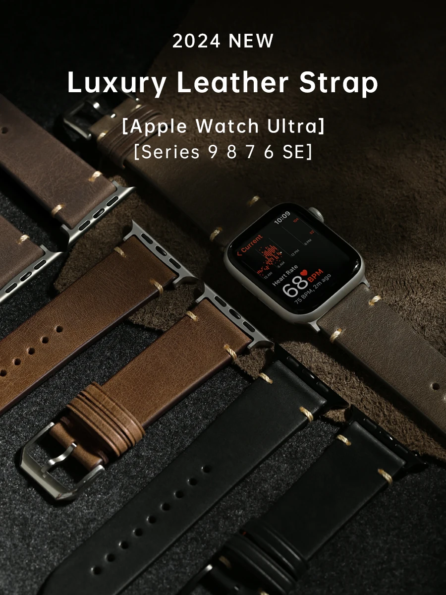 Leather Watch Band for Apple Watch, Ultra 49mm, Series 10 9, 8, 7, SE, 45mm, 44mm, 41mm, 40mm, Vegetable Tanned Leather Strap