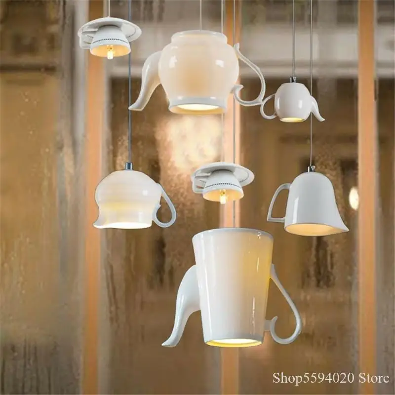 Lámpara colgante moderna para tetera y taza de té, luces colgantes Led de cerámica para comedor, cocina, decoración del hogar, luminaria, accesorios de iluminación