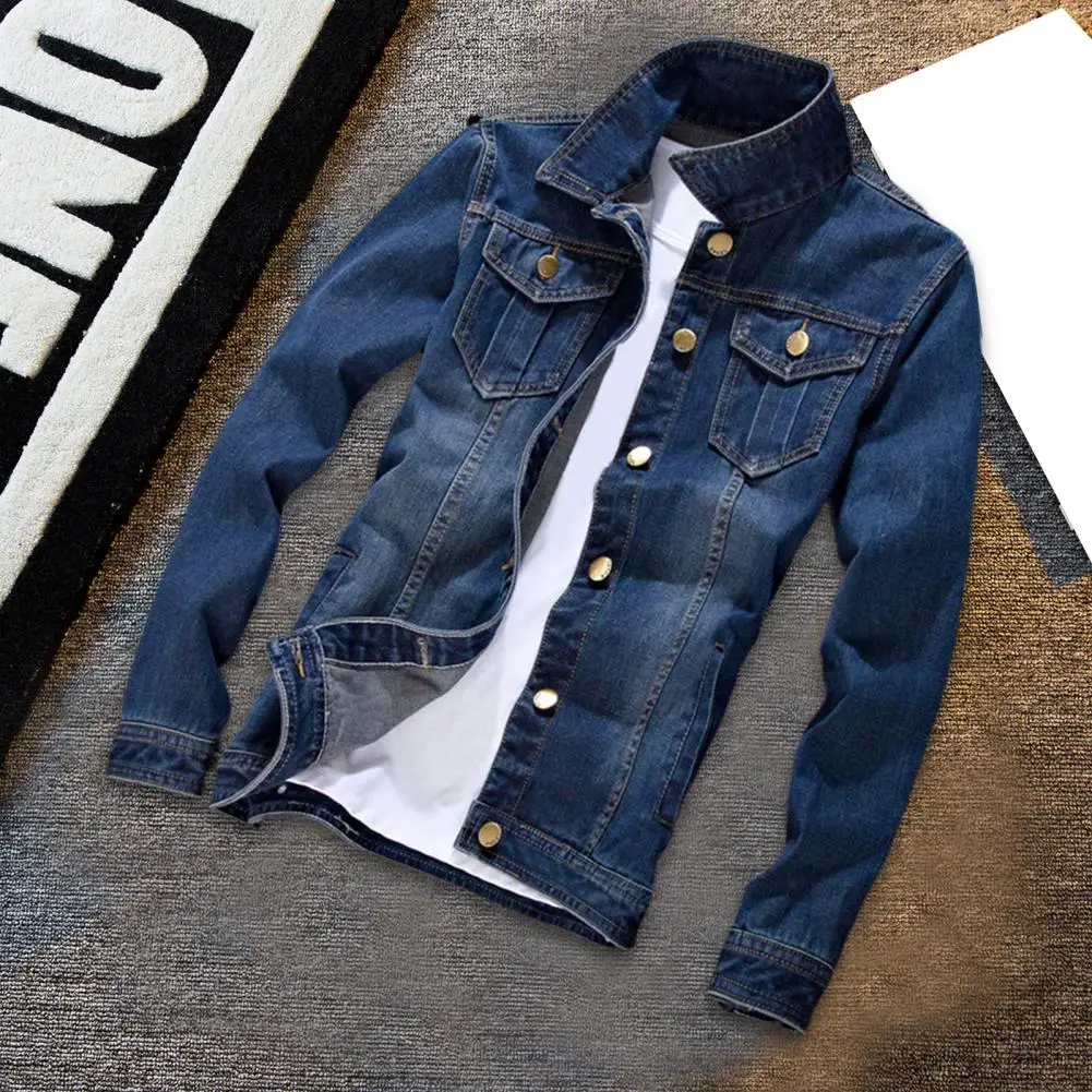 Men Jeans Jacket Long Sleeve Retro Streetwear Turndown Collar Buttons Jeans Jacket   Teens Denim Jacket  for Working