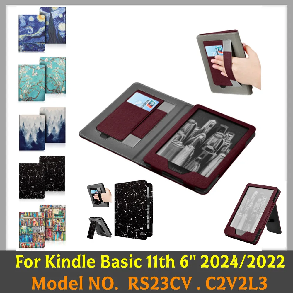 With Hand Strap Stand Case for New Kindle Basic 11th Generation 2024 2022 RS23CV C2V2L3 6'' Case PU Leather Ebook Cover Funda