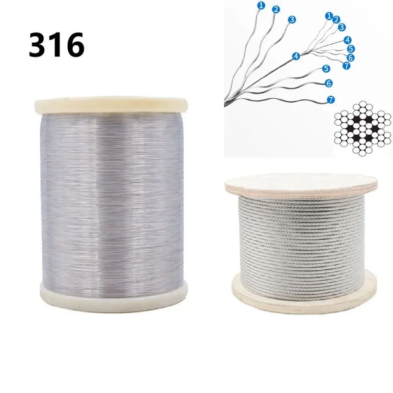 100Meters Steel Wire Rope 316 316L Stainless Steel Fishing Lifting Cable Clothesline 7*7 Structure Dia.0.8/1/1.2/1.5/2/2.5/3MM