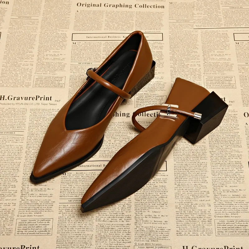 

Винтажные женские туфли-лодочки с острым носком для офиса, в уличном стиле, с неглубоким вырезом и пряжкой, элегантные женские туфли на толстом каблуке, кожаные туфли Мэри Джейн