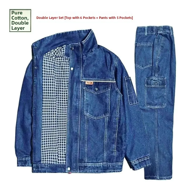 

Thickened Double Layer Cotton Denim Workwear Set for Men Autumn Winter Welding Protective Suit Reflective Wear Resis...