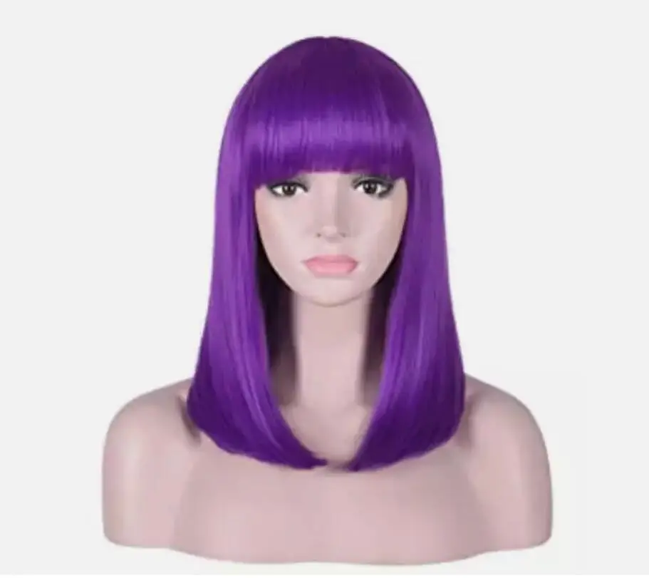 Wig lurus ungu pendek dengan poni, Wig pesta Cosplay panjang bahu Bob panjang