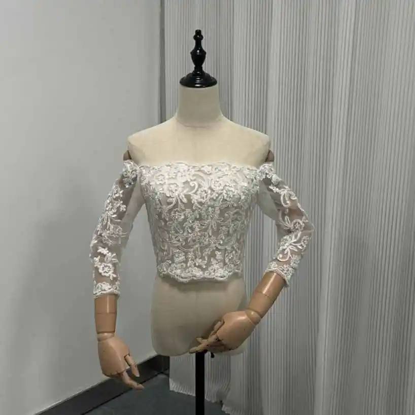 Exquisite Off Shoulder Lace Bridal Top Long Sleeve Applique Back Button Wedding Wrap For Bridal Ceremony Party Customized