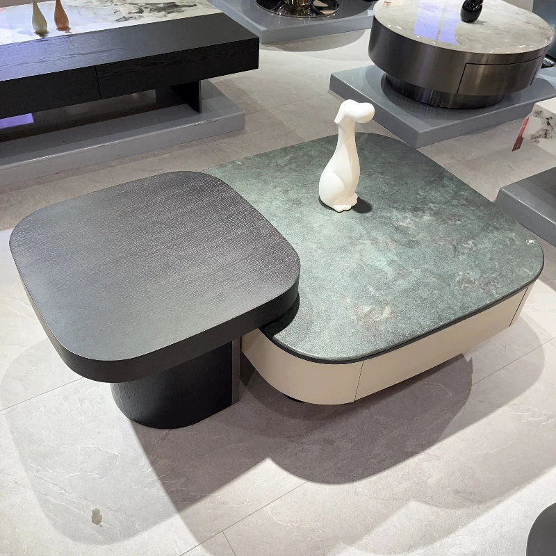 Italian Minimalist Nesting Coffee Table Set with Turquoise Sintered Stone Top Modern Living Room Furniture 2-Piece Coffee Table