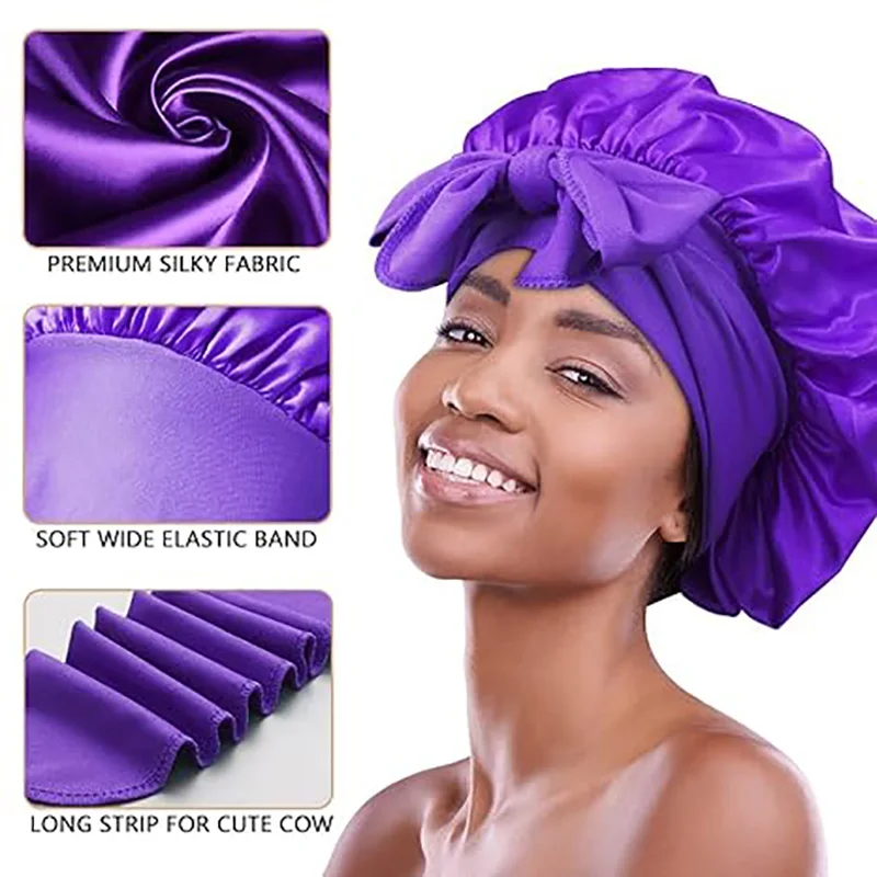 New Women Satin Solid Sleeping Hat Silky Bonnets With Tie Bands Elastic Shower Cap Adjustable Cap For Curly Hair Bonnets