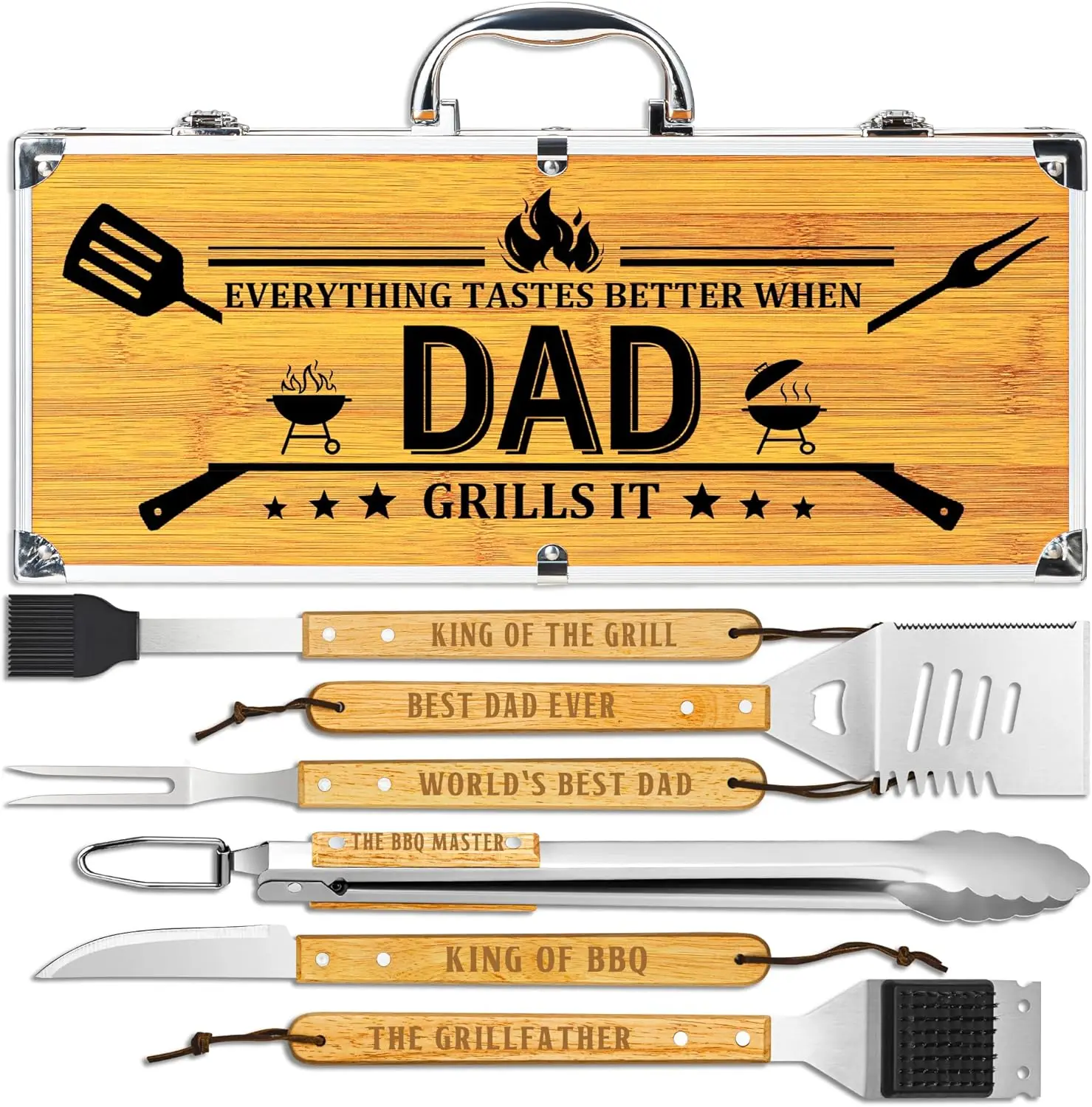 

Dad Grilling Gift Set: Heavy Duty Wooden BBQ Tools with Stainless Steel Utensils & Non-Slip Handles in Portable Bag