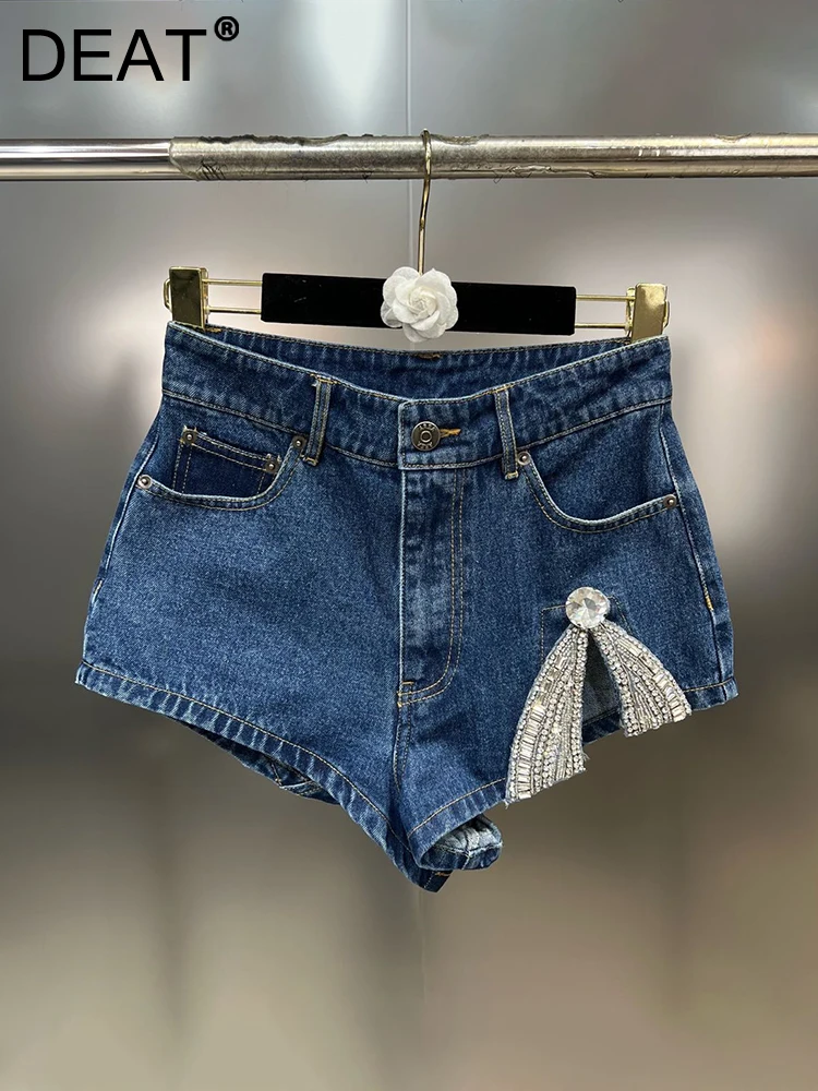 DEAT Trend Hem Diamond Patchwork Slit Denim Shorts Women High Waist Vintage Pattern Short Jeans Female 2023 Summer New 11XX2244